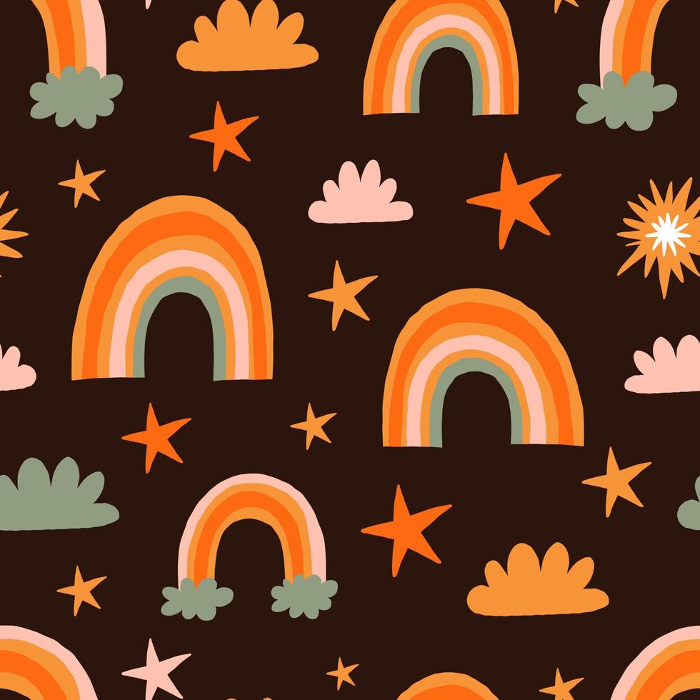 Colorful Small Scale Hand-Drawn rainbows Vector Seamless Pattern. Retro 70s Style Nostalgic Fashion Textile Bold Background. Seventies Style, Groovy Floral Background. Flat Hippie Aesthetic.