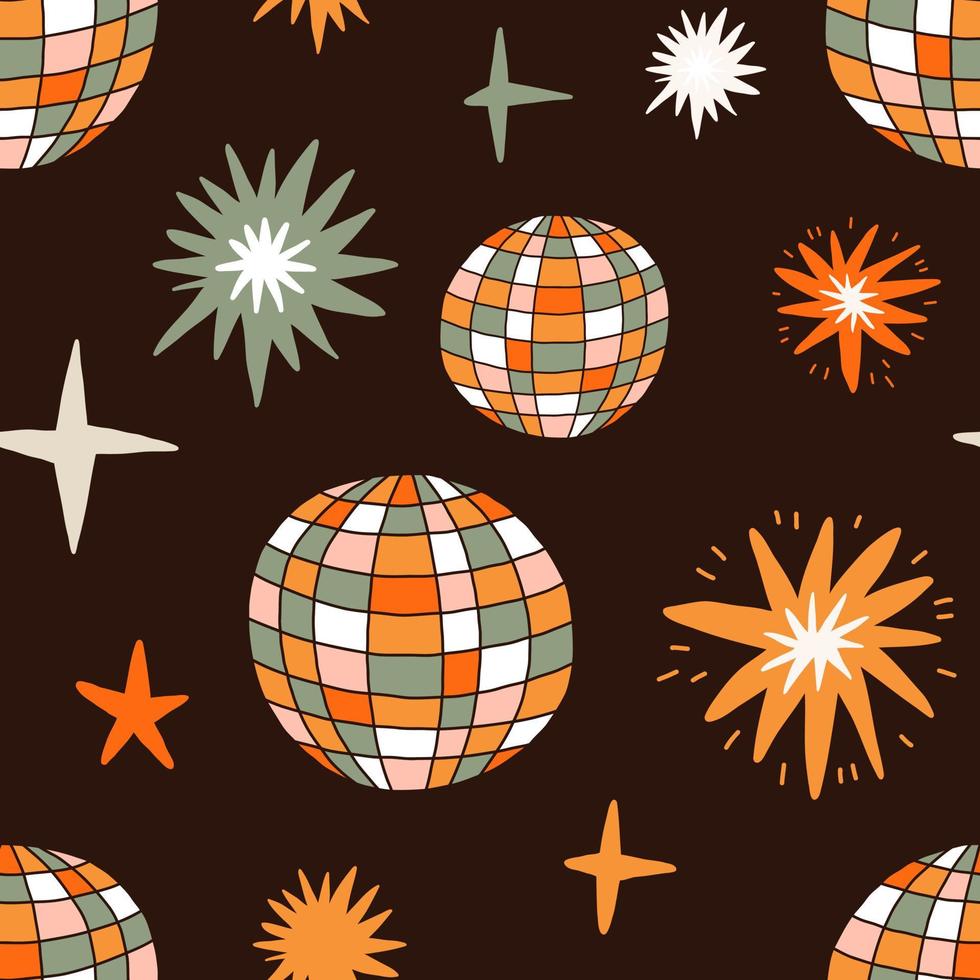 Colorful Small Scale Hand-Drawn disco balls Vector Seamless Pattern. Retro 70s Style Nostalgic Fashion Textile Bold Background. Seventies Style, Groovy Floral Background. Flat Hippie Aesthetic.