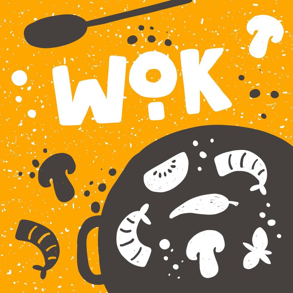 wok pan vector ilustración dibujada a mano. plato con verduras, champiñones y mariscos. sartén aislado clipart con letras estilizadas y gotas de tinta. elemento de diseño de cartel de cocina de comida asiática