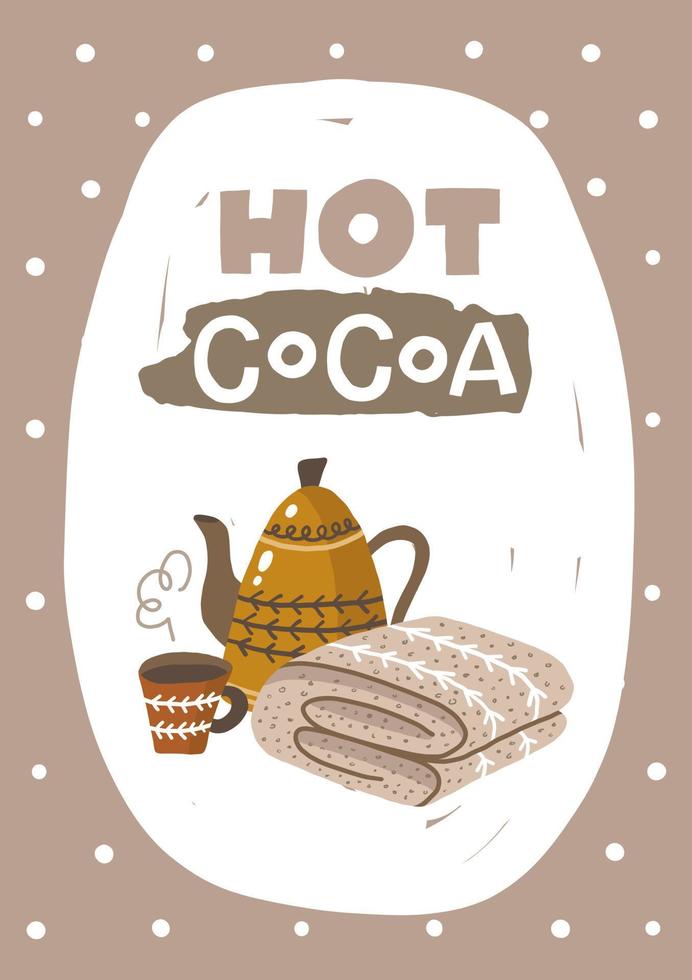 Hot cocoa. Christmas card. Hand drawn illustration in cartoon style