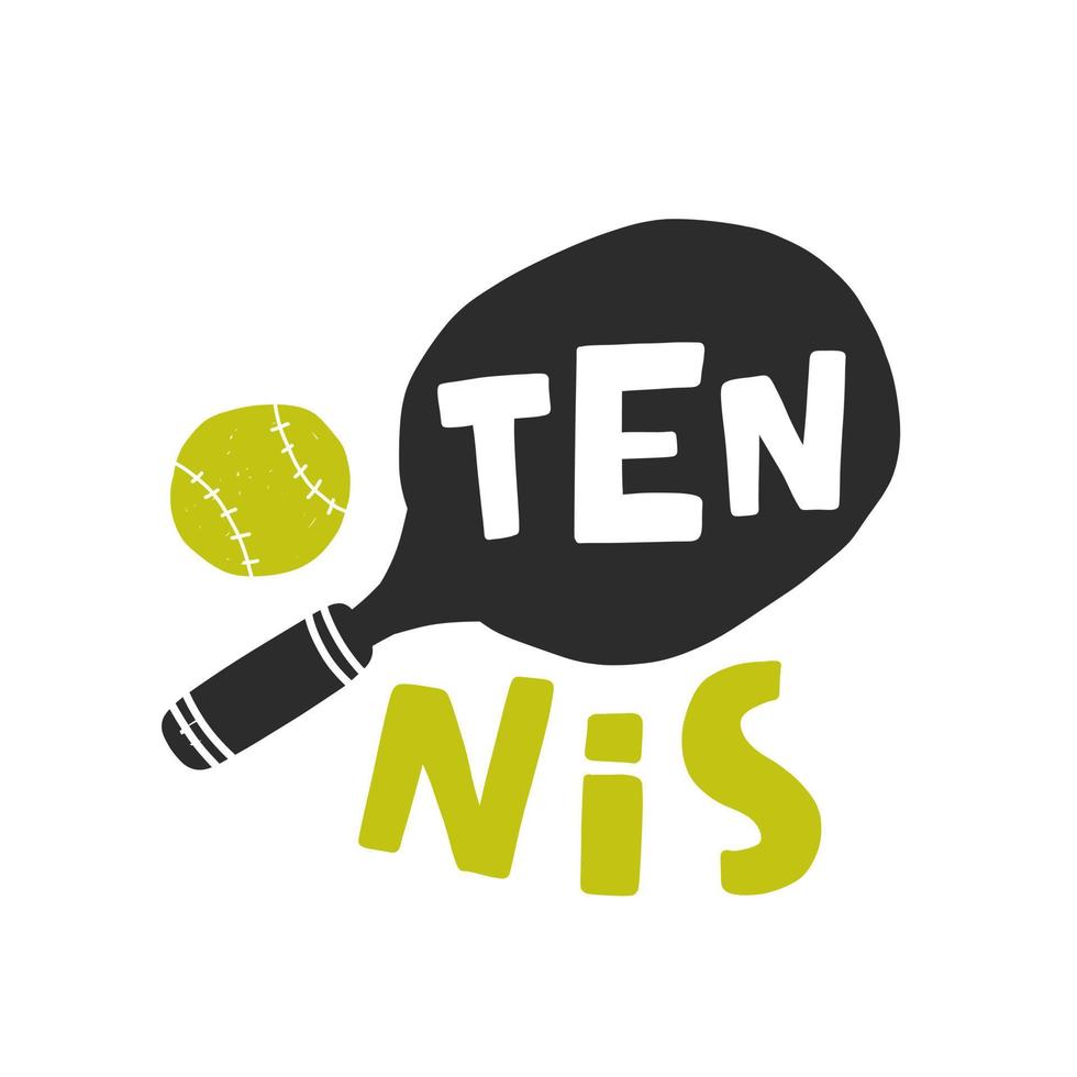 ilustración dibujada a mano de tenis con tipografía. silueta de raqueta y pelota para el diseño. símbolo de deporte de letras estilizadas. plantilla de póster, elemento de banner. vector