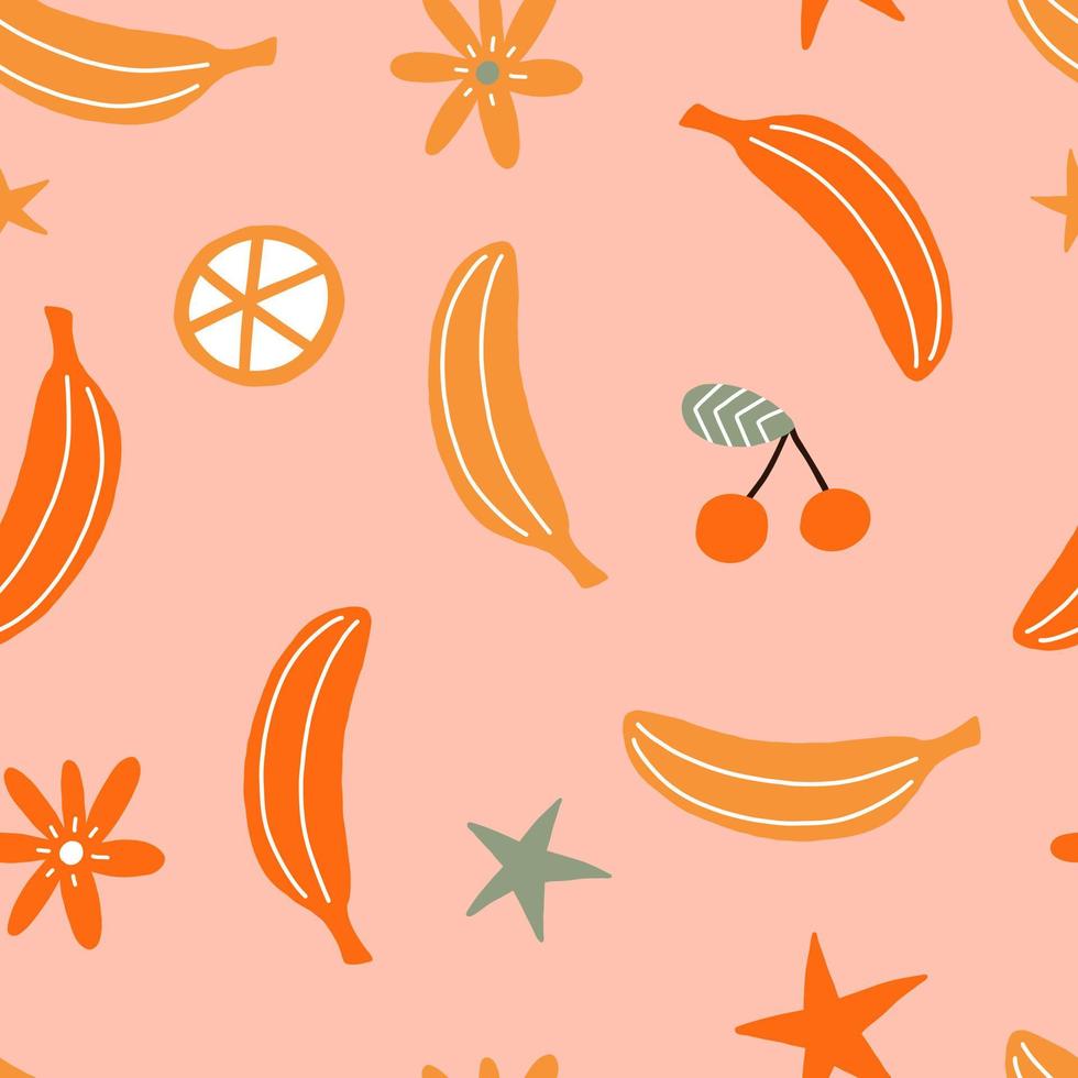 Colorful Small Scale Hand-Drawn banana Vector Seamless Pattern. Retro 70s Style Nostalgic Fashion Textile Bold Background. Seventies Style, Groovy Floral Background, Wallpaper. Hippie Aesthetic.