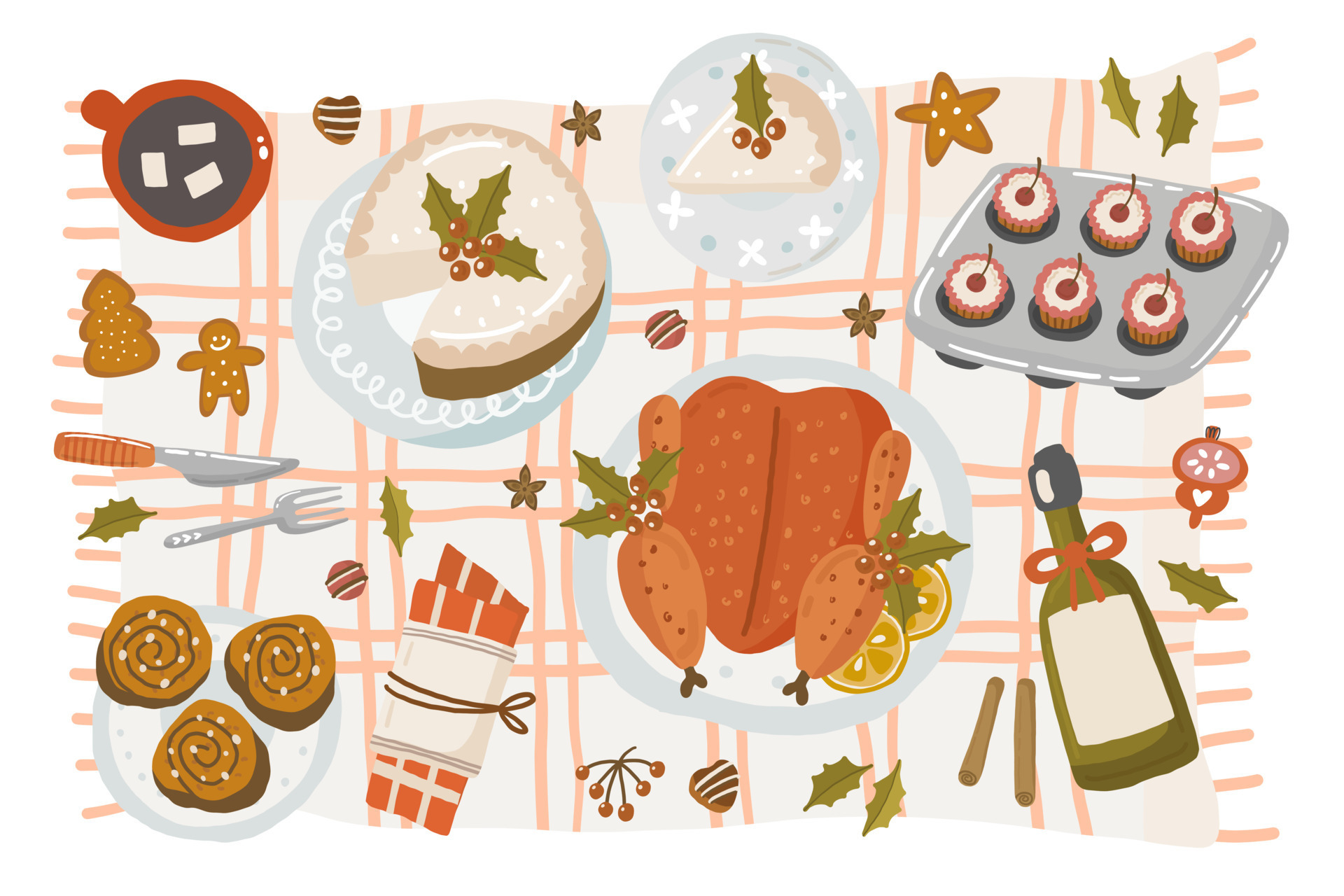Illustration vector flat cartoon of food on happy Christmas menu on dinner  table setting as feast concept. Family celebrating Christmas at home and  eating together. Table top view, flat lay 12695297 Vector
