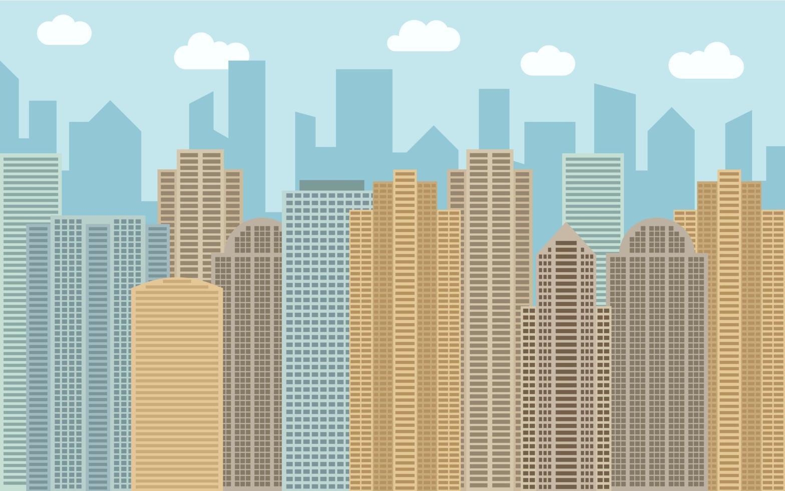 Vector urban landscape illustration. Street view with cityscape, skyscrapers and modern buildings at sunny day. City space in flat style background concept.