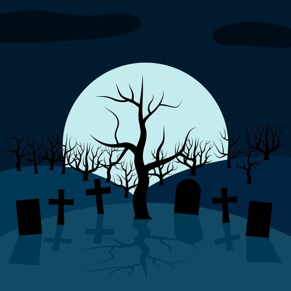 A lonely tree in the cemetery at night in front of the Moon. Vector background for Halloween