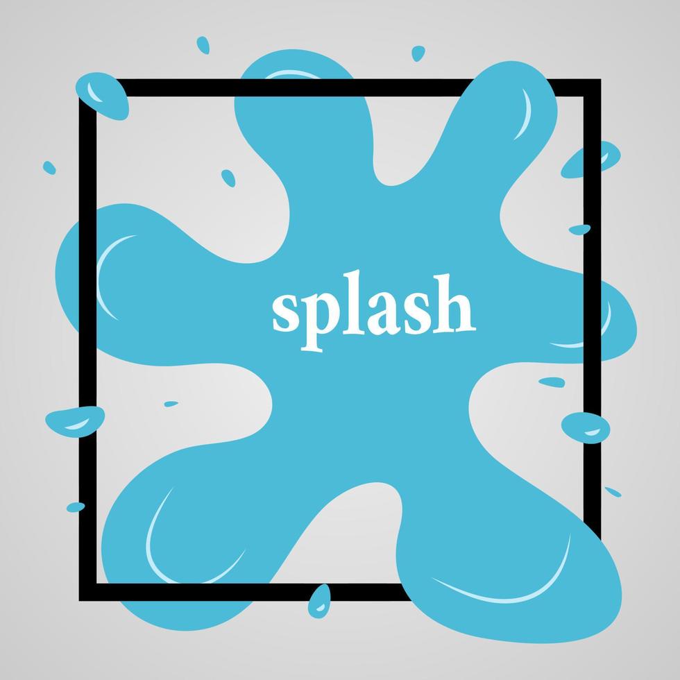 Big blue splash with lots of small splashes in black frame and inscription splash. Vector illustration