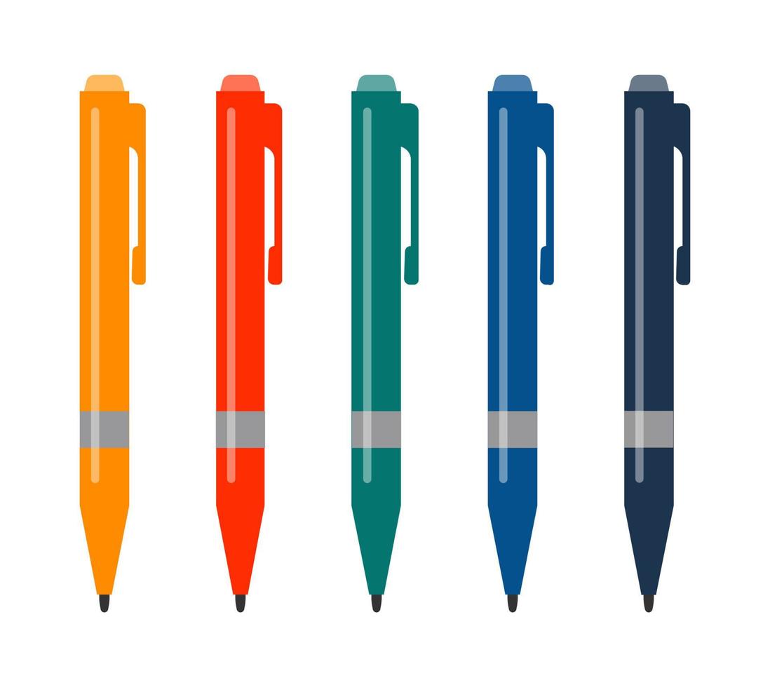 Set of five multi-colored pens. Vector illustration