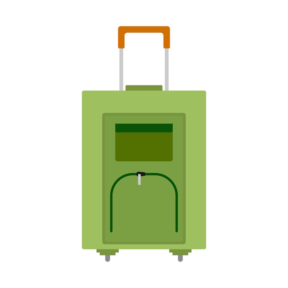 Green wheeled travel bag with luggage on white background. Suitcase for journey trip in flat style. Vector illustration