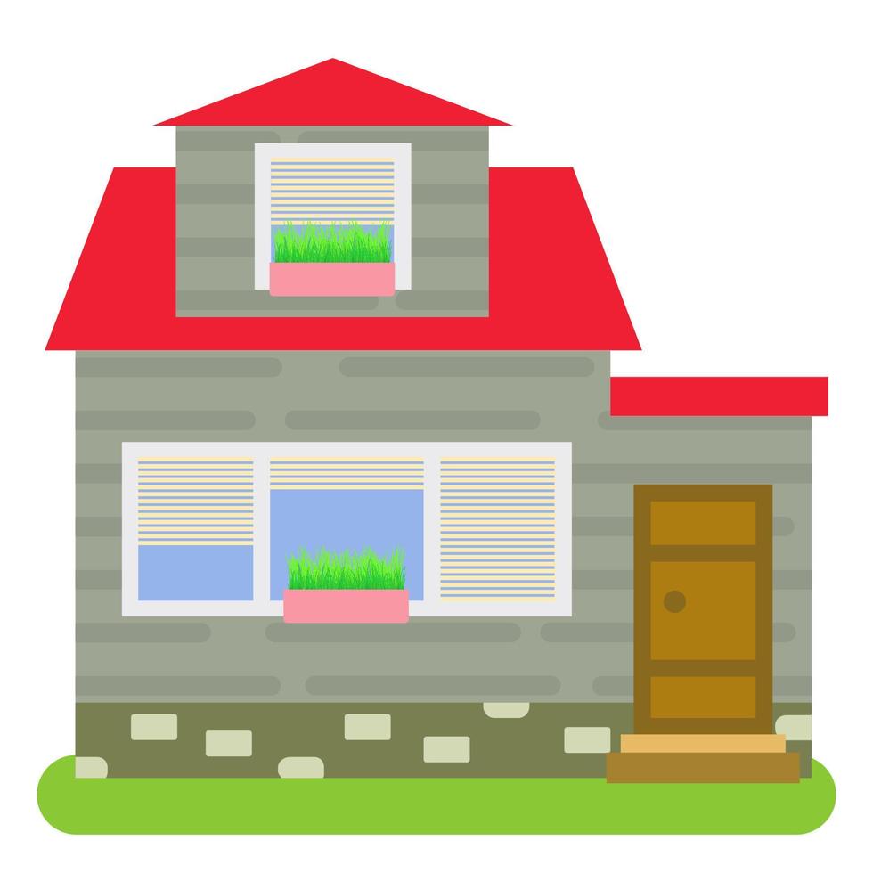 Private house with a red roof, gray walls and jalousie on the windows on a white background. Vector illustration.
