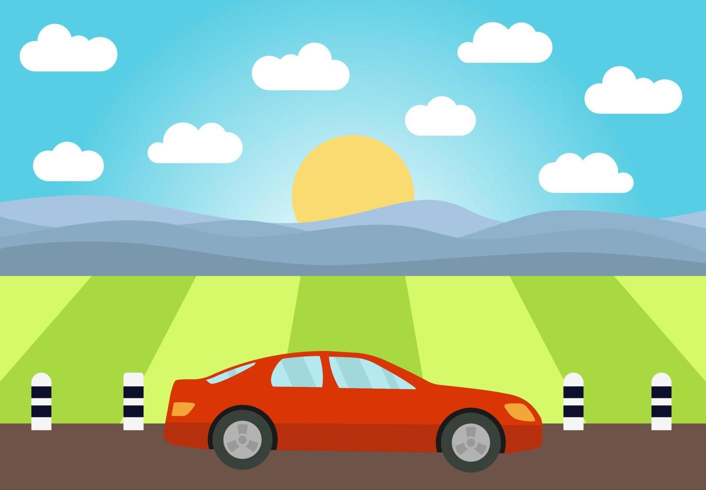 Red car on the road against the backdrop of the hills and the rising sun. Vector illustration.