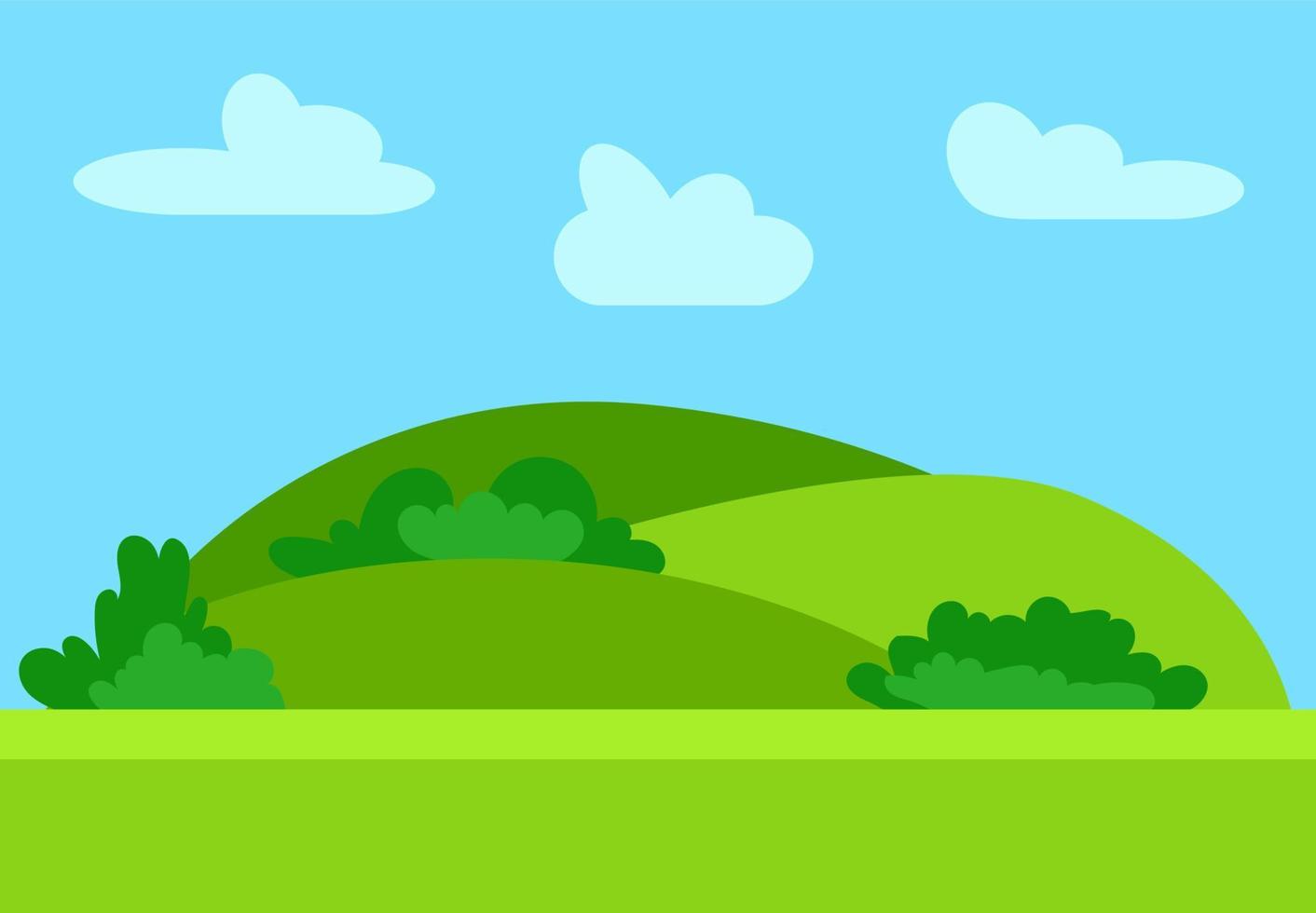 Natural cartoon landscape in the flat style with green hills, blue sky and clouds at sunny day. Vector illustration