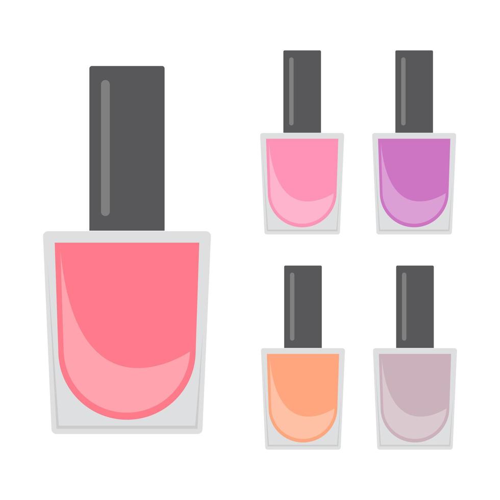 Set of makeup items. Five bright nail varnishes. Vector illustration.