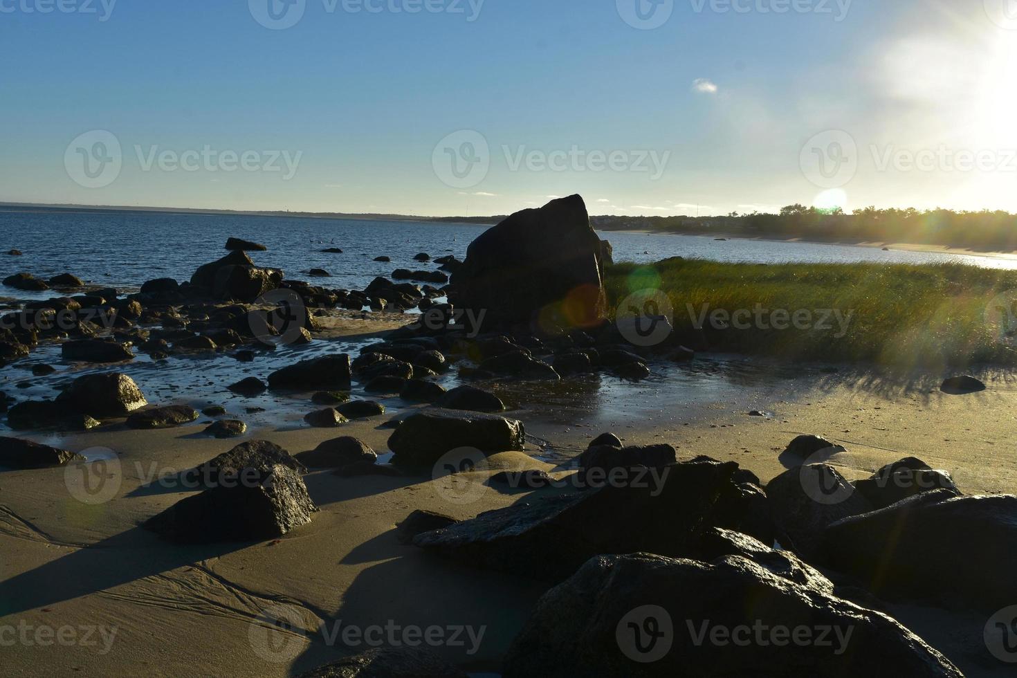 Large rocks on the beach shore during low tide photo
