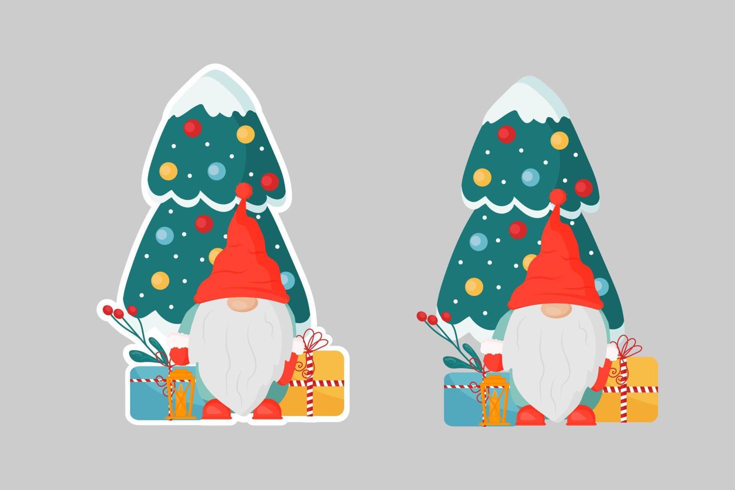 Christmas Scandinavian gnomes with gifts, fir branches, red berries, a Christmas tree. Use for printing, cover art, poster, postcard, design, scrapbooking, stickers. Celebrating the new year 2023. vector