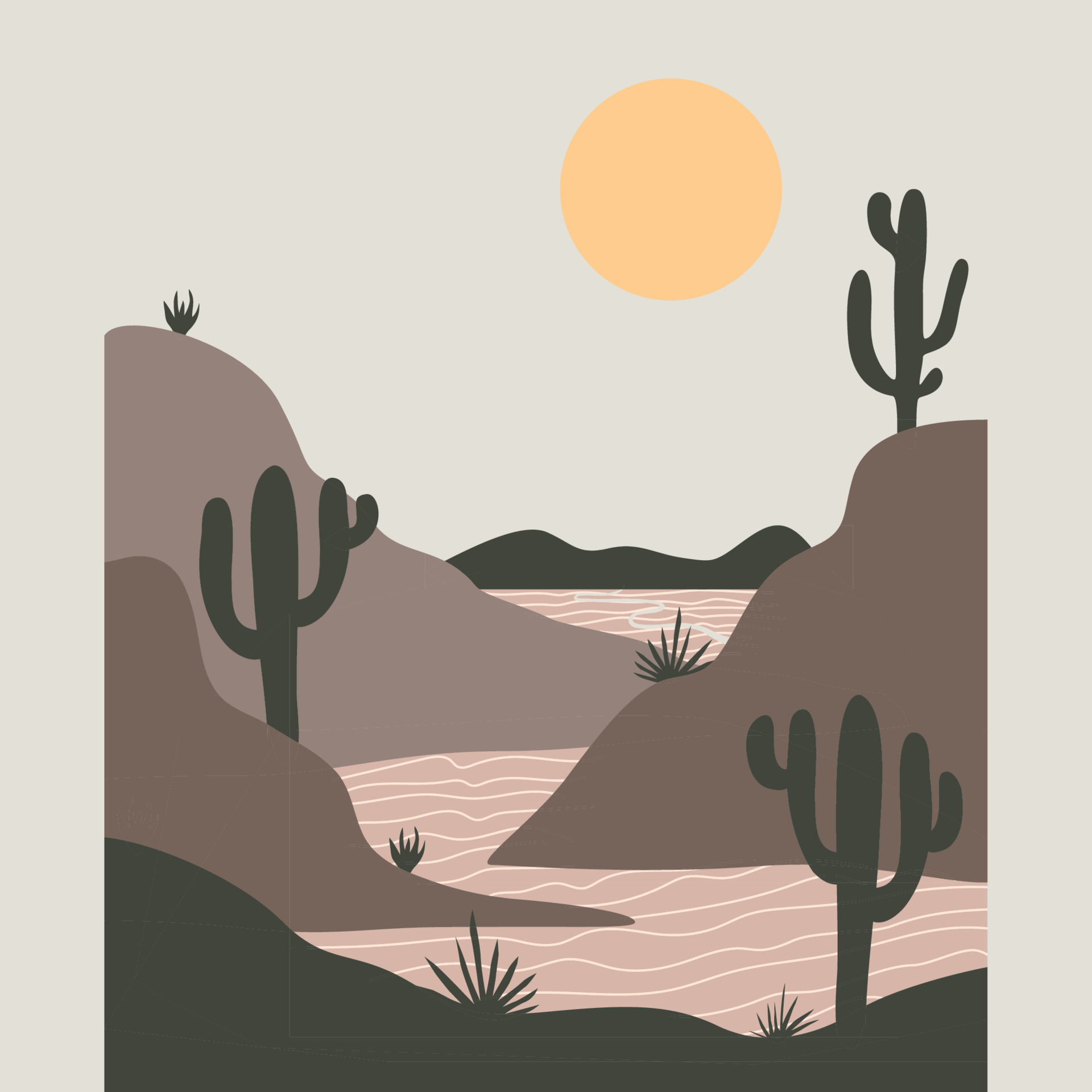 paisaje desértico al atardecer con cactus y montaña al atardecer