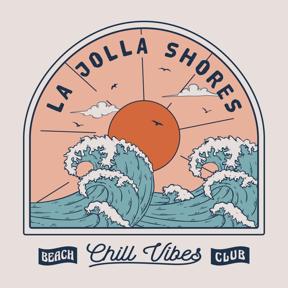 ilustración de olas de playa de palmeras de verano, para estampados de camisetas, carteles. playa de verano ilustración vectorial de la playa de la jolla shores. vector