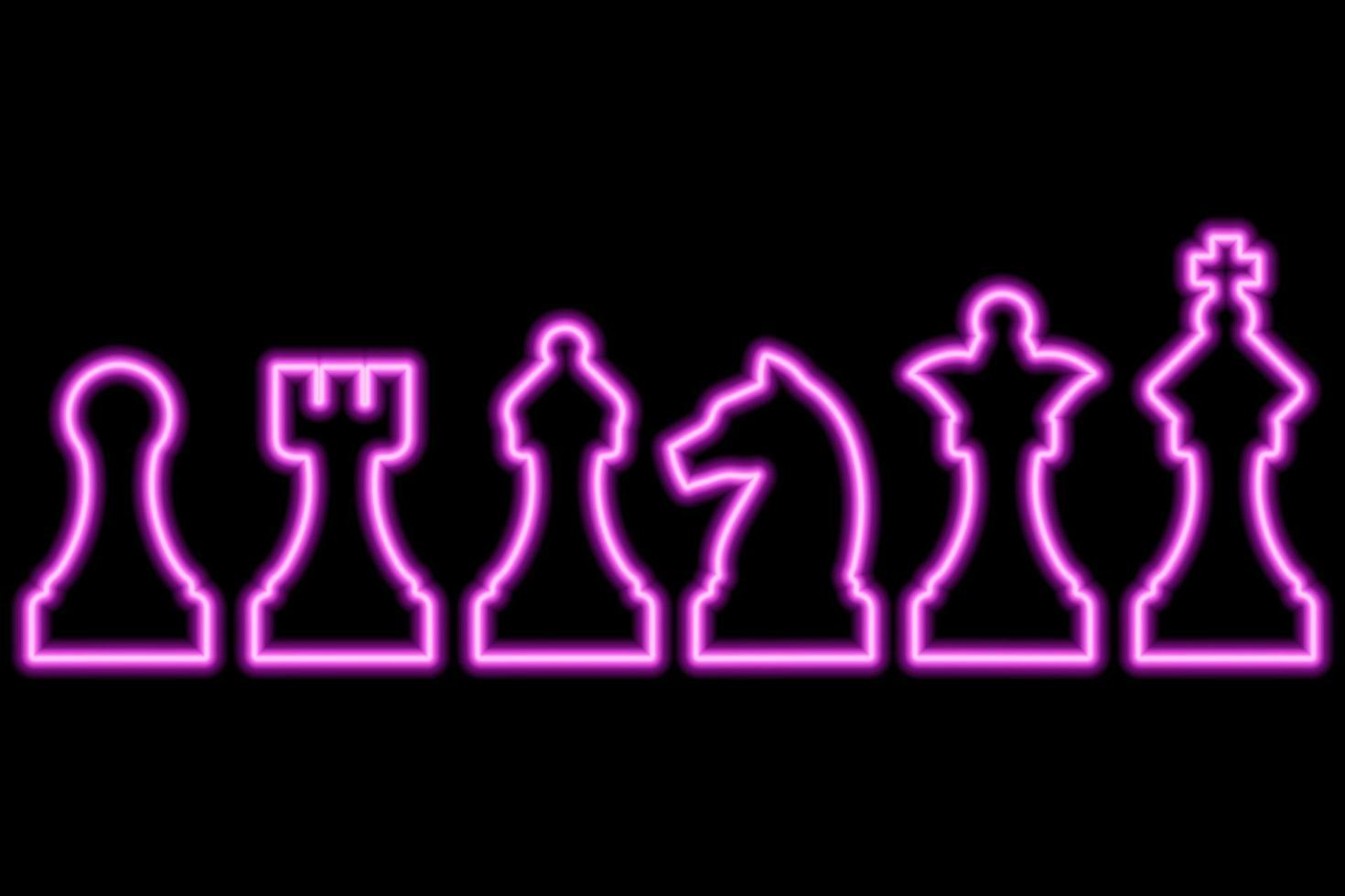 Set of chess figures on black background. Simple neon pink outline. Illustration vector