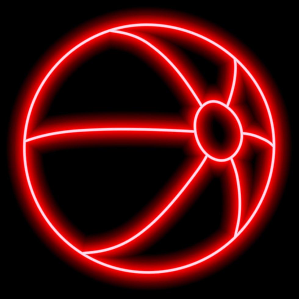 Neon red contour of a children's beach rubber ball on a black background. Sport, game, active pastime vector