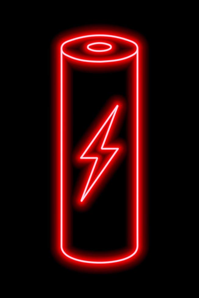 Red neon outline of battery with zipper on a black background. Charge sign. Electricity, power vector