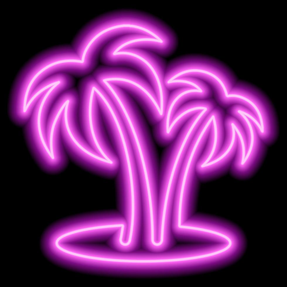 Pink neon outline of two palm trees on the beach on a black background. Rest, travel, vacation. Icon illustration vector