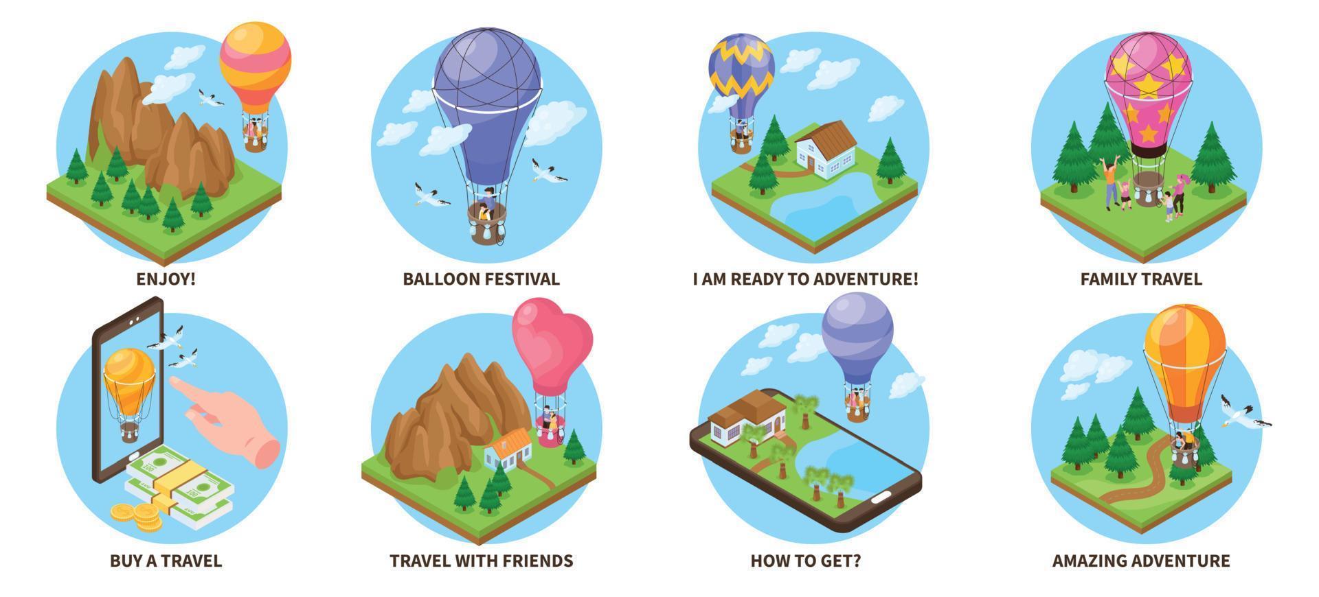 Isometric Hot Air Balloon Set vector