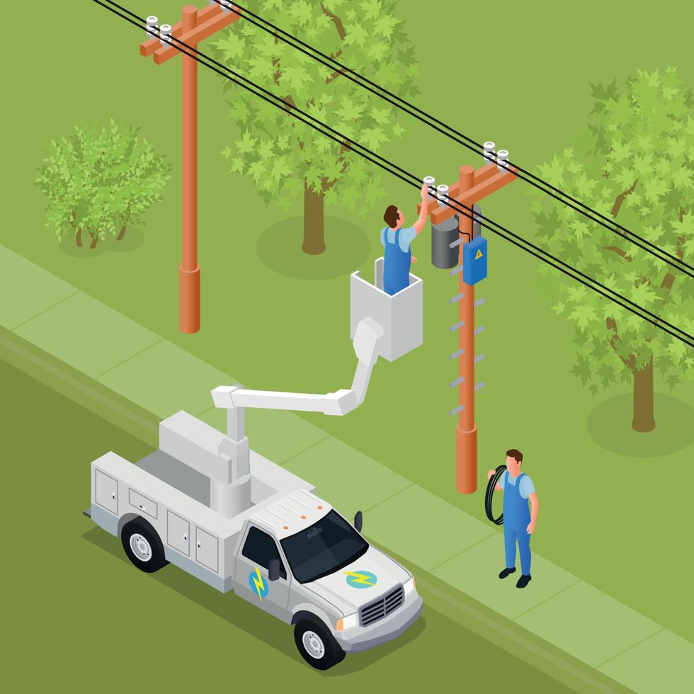 fondo isométrico de obras eléctricas vector