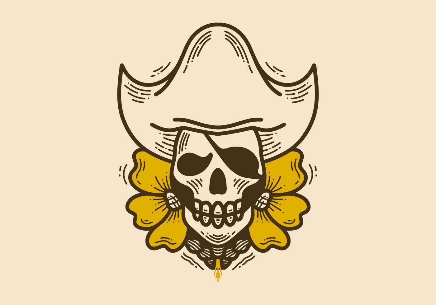 ilustración de estilo vintage de una calavera con un sombrero pirata con girasoles en el lateral vector