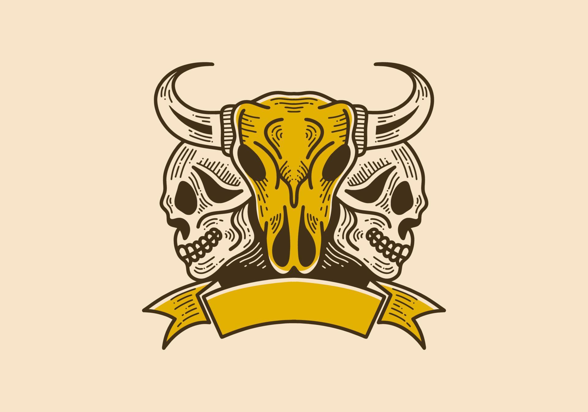 Vintage style illustration of a bull skull with two skulls on the side