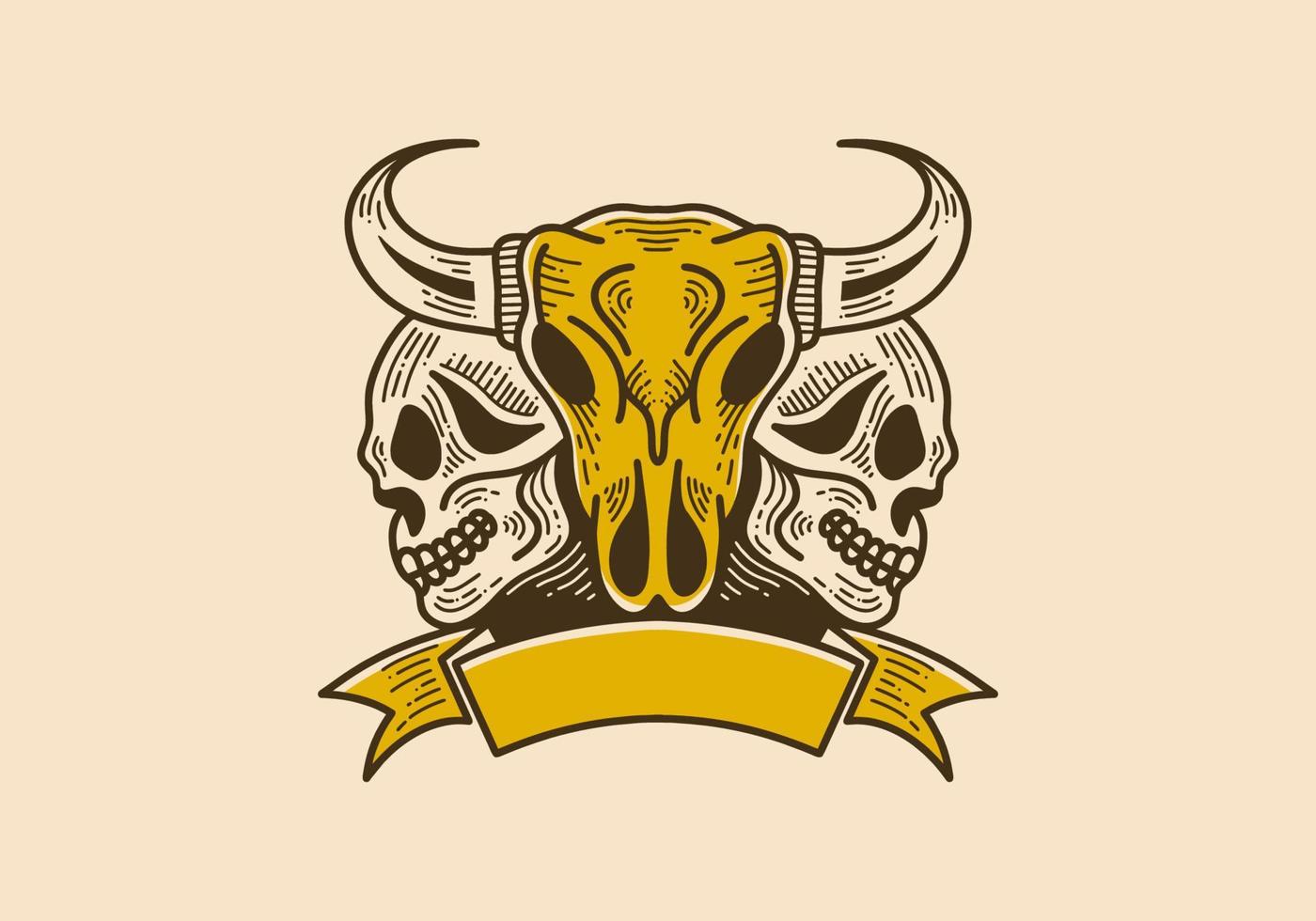 Vintage style illustration of a bull skull with two skulls on the side vector