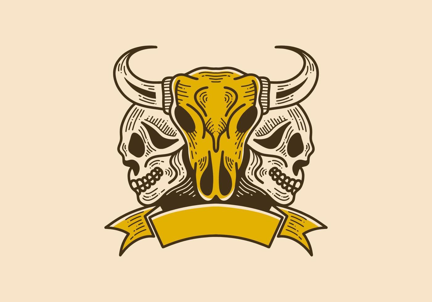 Vintage style illustration of a bull skull with two skulls on the side vector