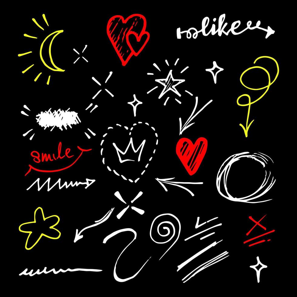 Doodle elements for concept design on set. isolated on black background. Infographic elements. Brush stroke, curly swishes, swoops, swirl, arrow, heart, crown. vector illustration.