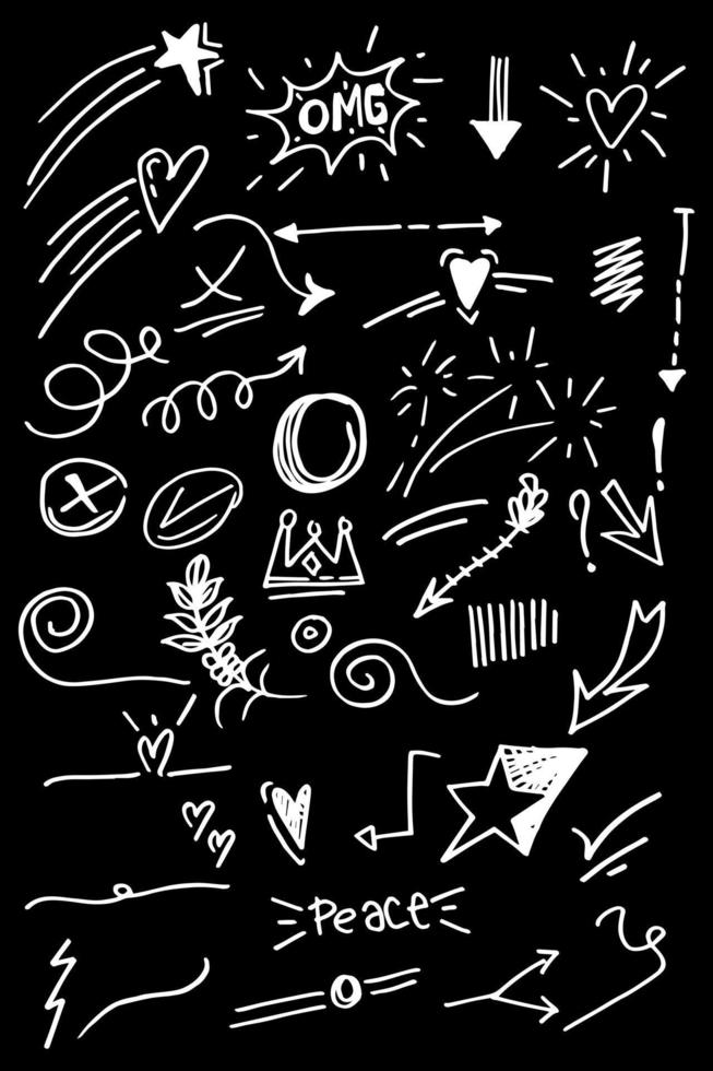 elementos de garabato para el diseño de concepto en el set. aislado sobre fondo negro. elementos infográficos. trazo de pincel, silbidos rizados, swoops, remolino, flecha, corazón, corona. ilustración vectorial vector