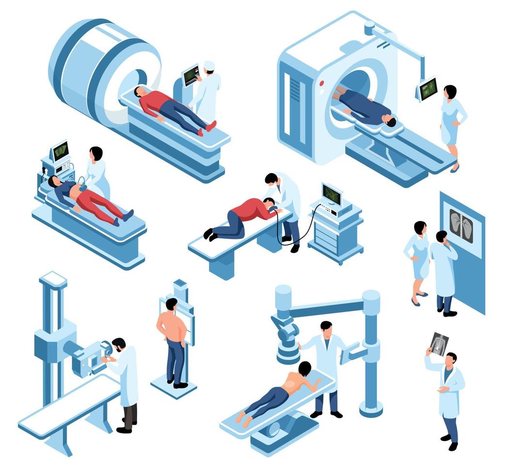 conjunto de iconos de diagnóstico de exploración de rayos x de ultrasonido isométrico vector