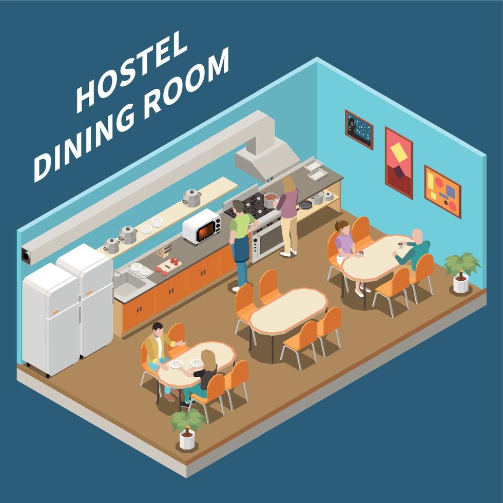 Hostel Dinning Room Isometric Background vector
