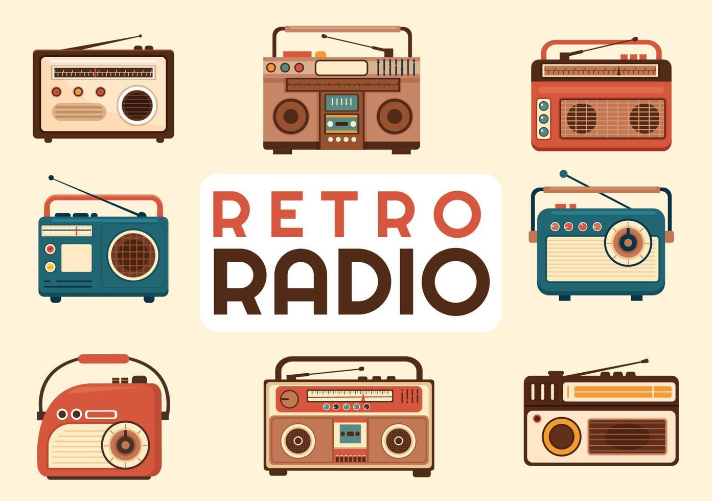 Retro Radio Player Style for Record, Old Receiver, Interviews Celebrity and Listening to Music in Template Hand Drawn Cartoon Flat Illustration vector