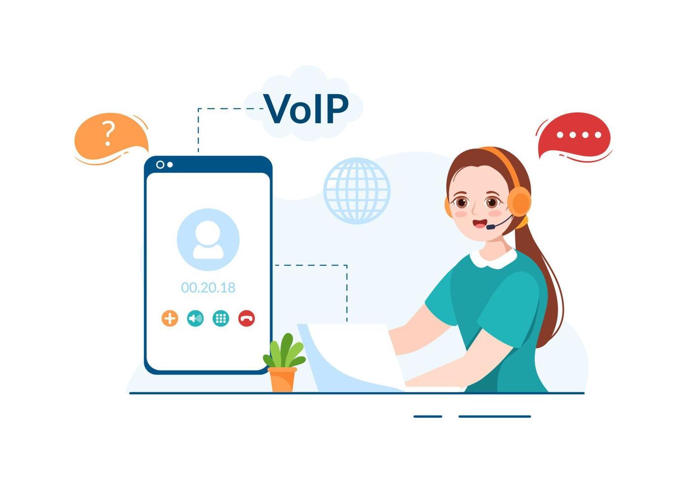 VOIP or Voice Over Internet Protocol with Telephony Scheme Technology and Network Phone Call Software in Template Hand Drawn Cartoon Flat Illustration vector