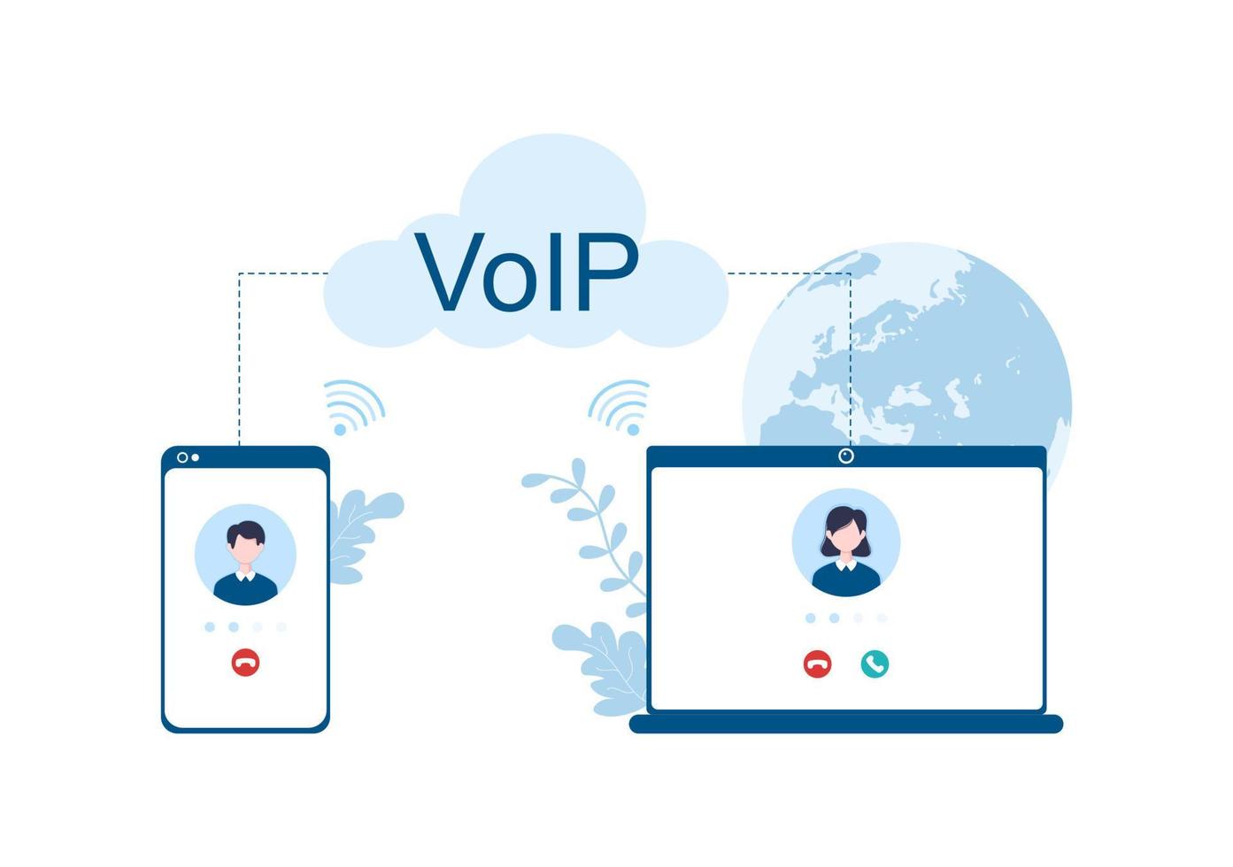 VOIP or Voice Over Internet Protocol with Telephony Scheme Technology and Network Phone Call Software in Template Hand Drawn Cartoon Flat Illustration vector