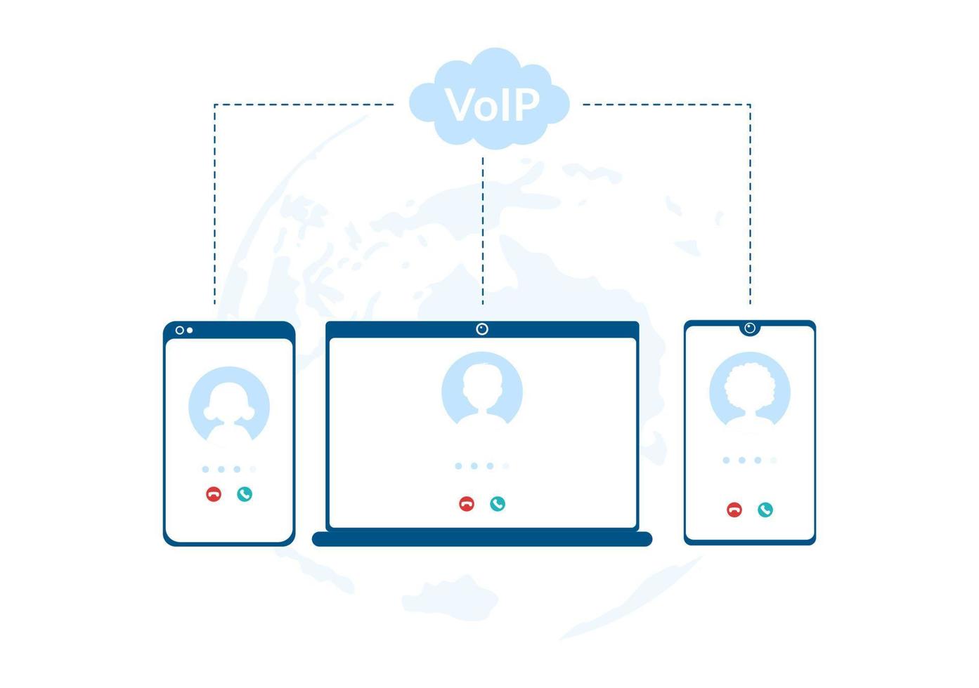 VOIP or Voice Over Internet Protocol with Telephony Scheme Technology and Network Phone Call Software in Template Hand Drawn Cartoon Flat Illustration vector