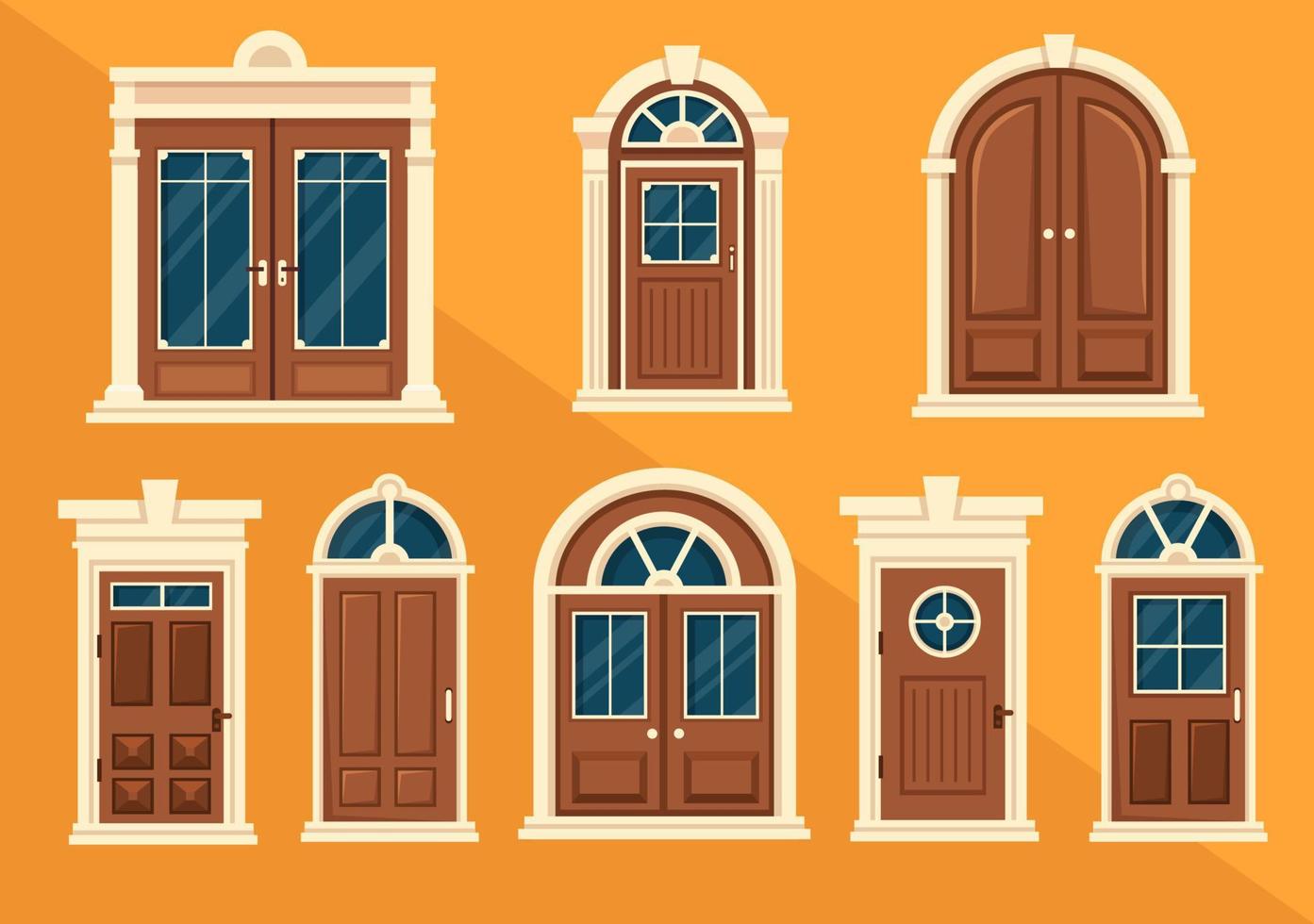 House Architecture with Set of Doors and Windows Various Shapes, Colors and Sizes in Template Hand Drawn Cartoon Flat Background Illustration vector