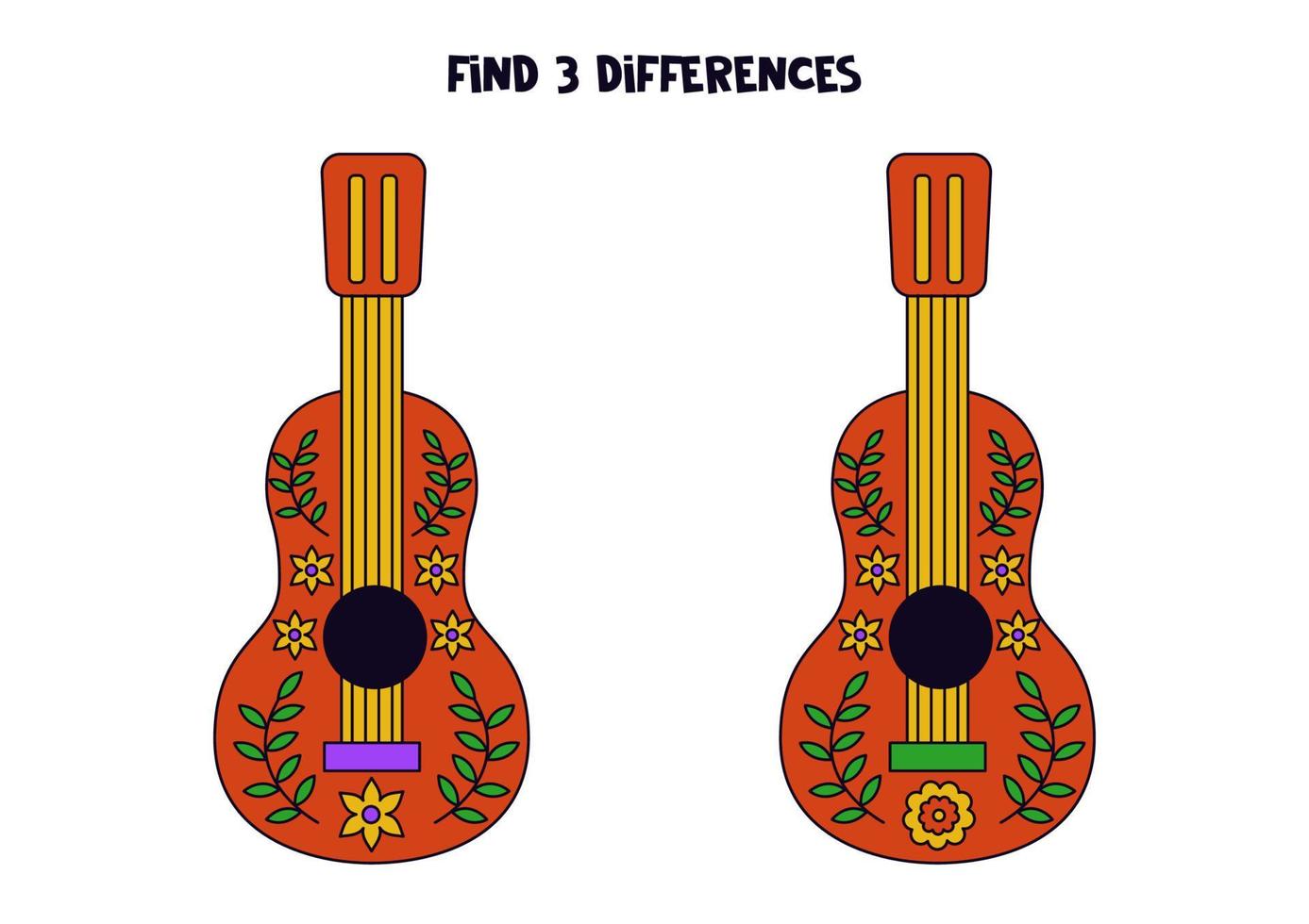 Find three differences between two guitars. vector