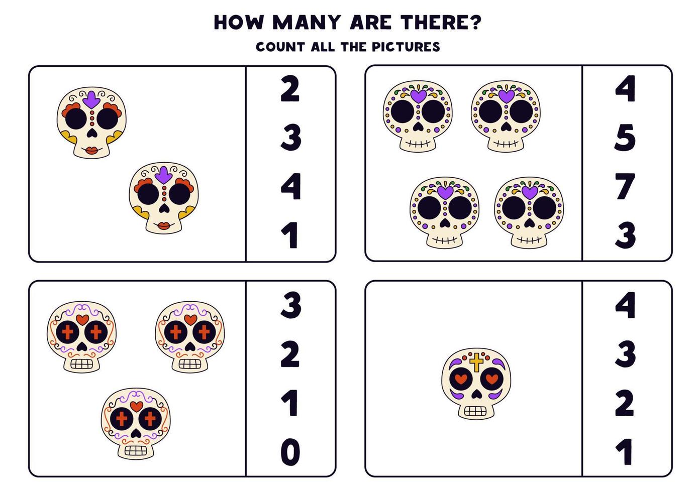 Counting game with cute colorful skulls. Educational worksheet. vector