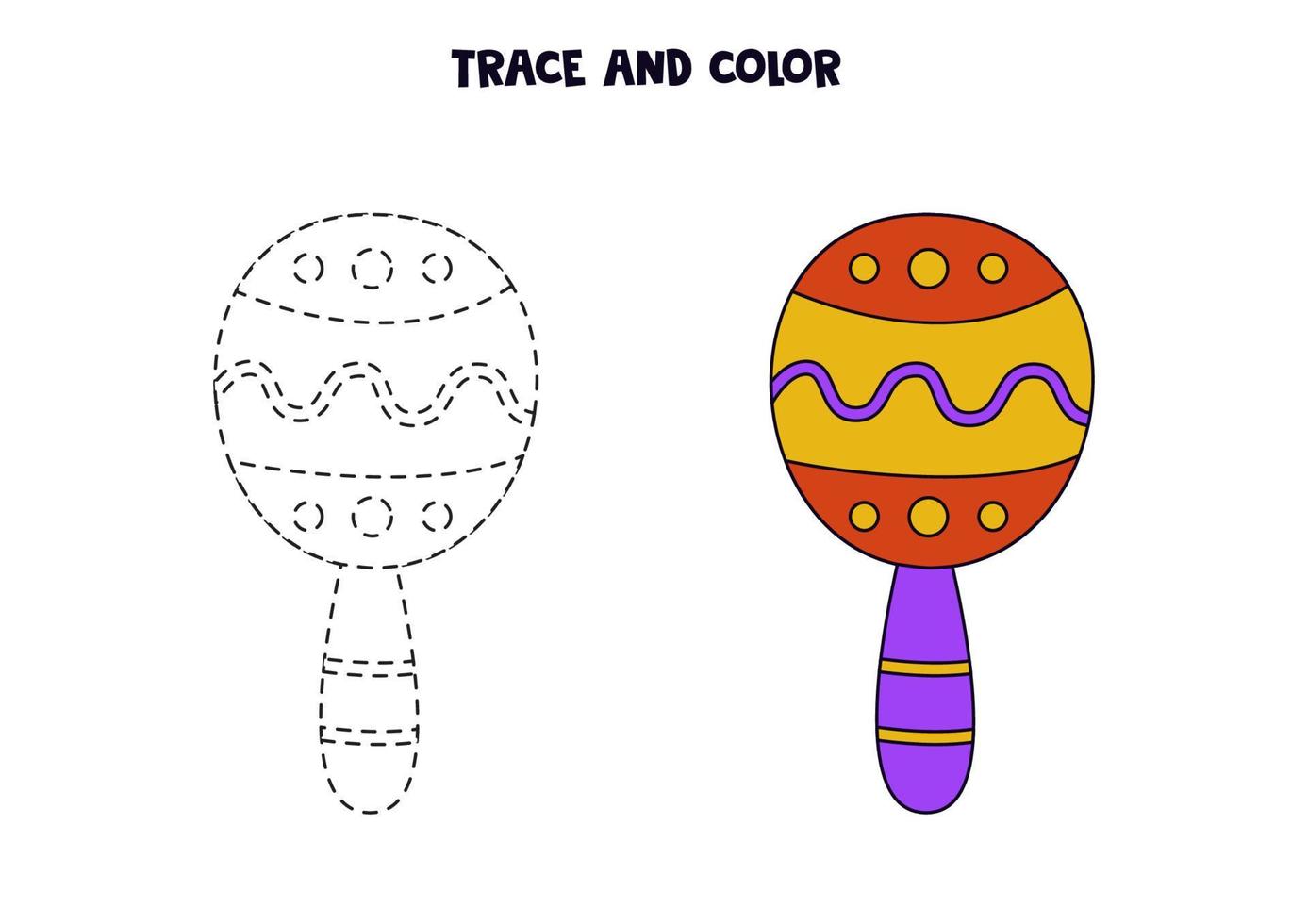 Trace and color cute hand drawn Mexican maracas. Worksheet for children. vector