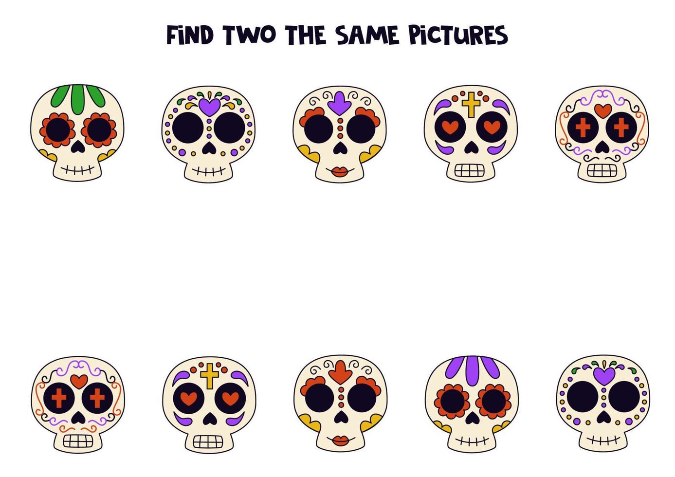 Find two cute identical dia de los Muertos skulls. Educational game for preschool children. vector