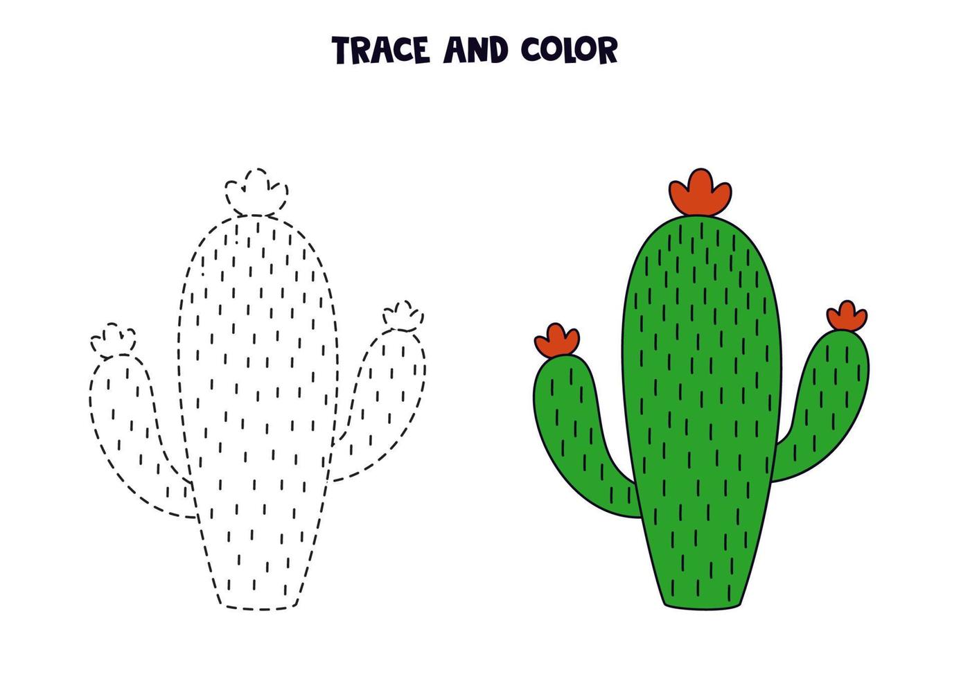 Trace and color cute hand drawn green cactus. Worksheet for children. vector