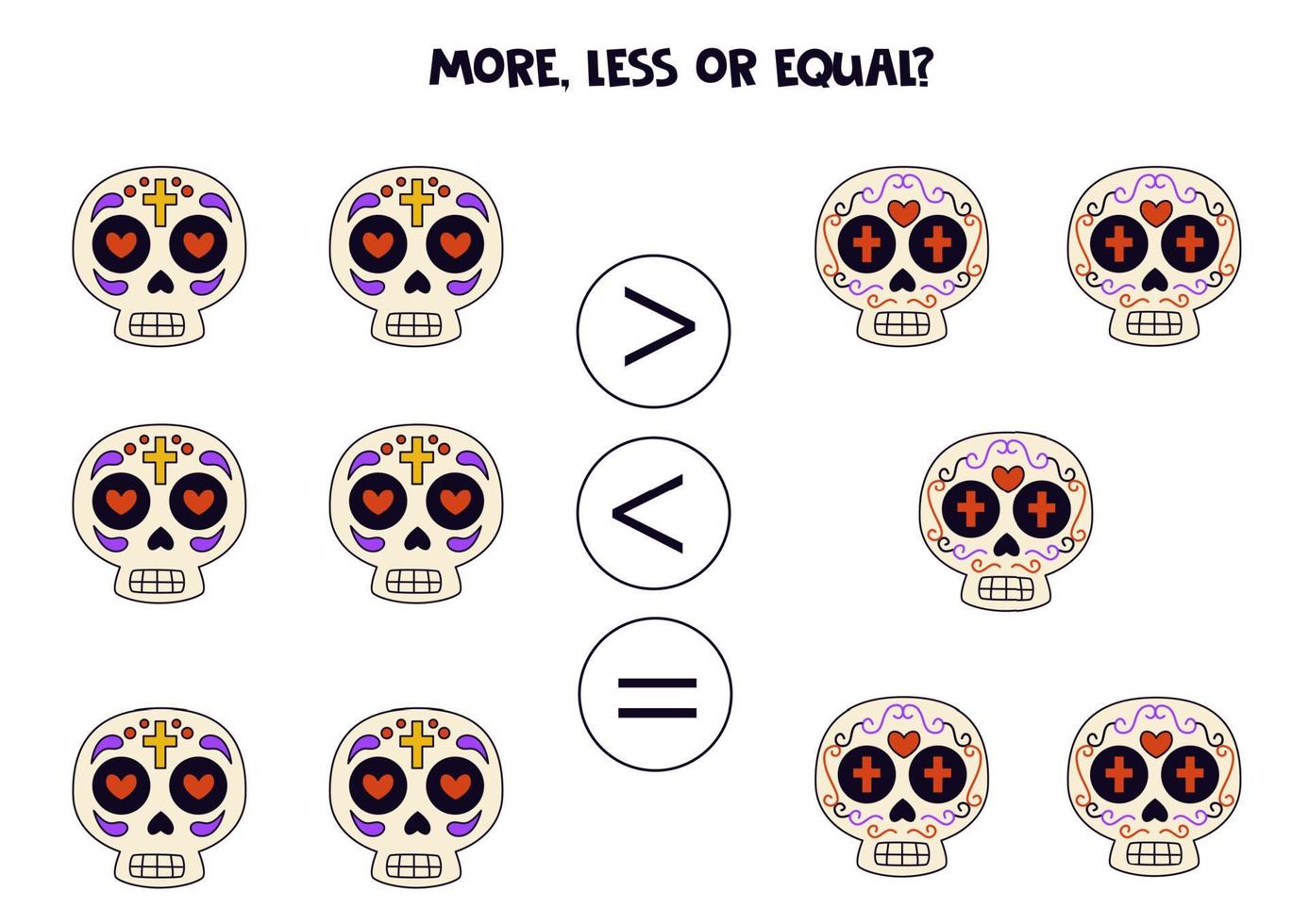 More, less, equal with hand drawn Mexican skulls. vector