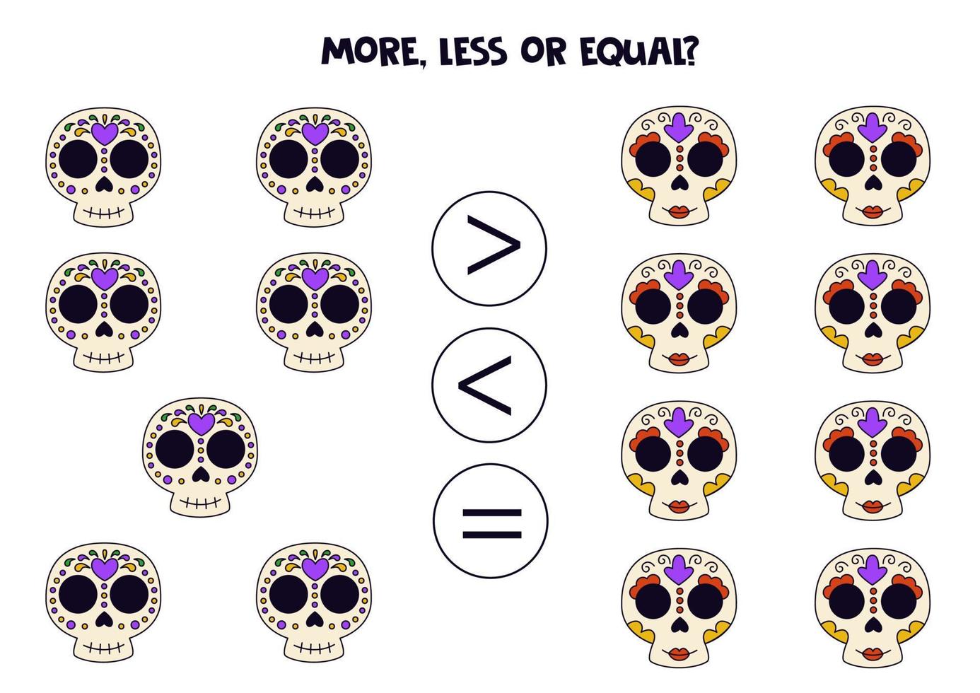 More, less, equal with hand drawn Mexican skulls. vector