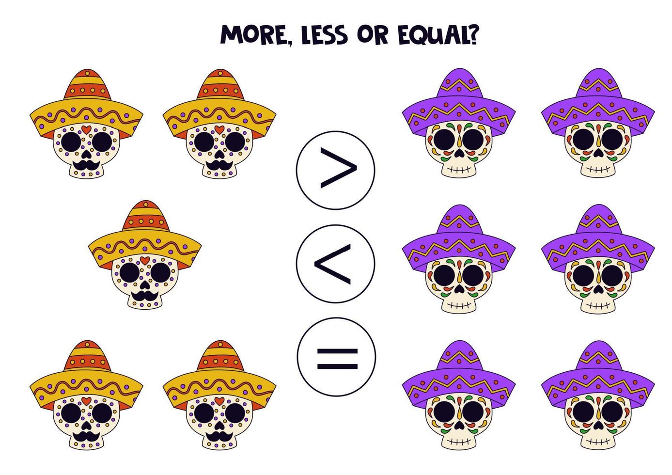 More, less, equal with Mexican skulls in hats. Math game. vector