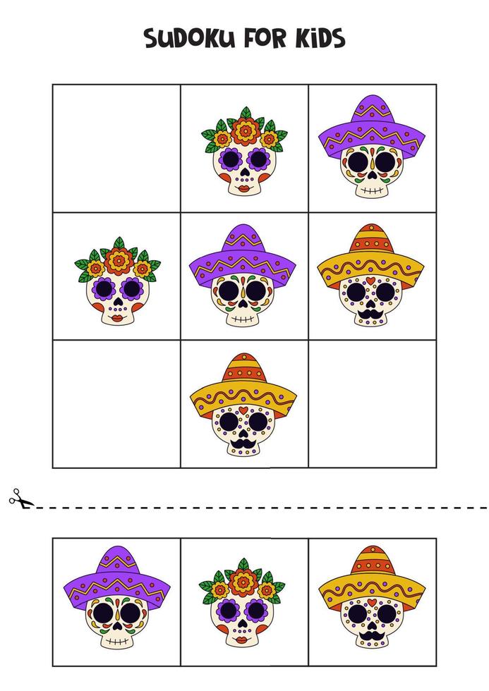 Educational sudoku game with cute Mexican skulls. vector