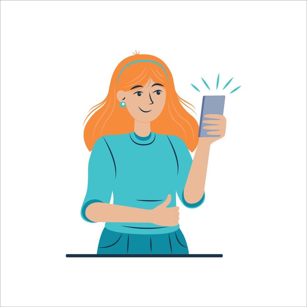 chica leyendo noticias positivas en el teléfono inteligente. vector mujer aislada con teléfono celular. notificación y sorpresa, ganador y oportunidades de trabajo. personaje de dibujos animados plana