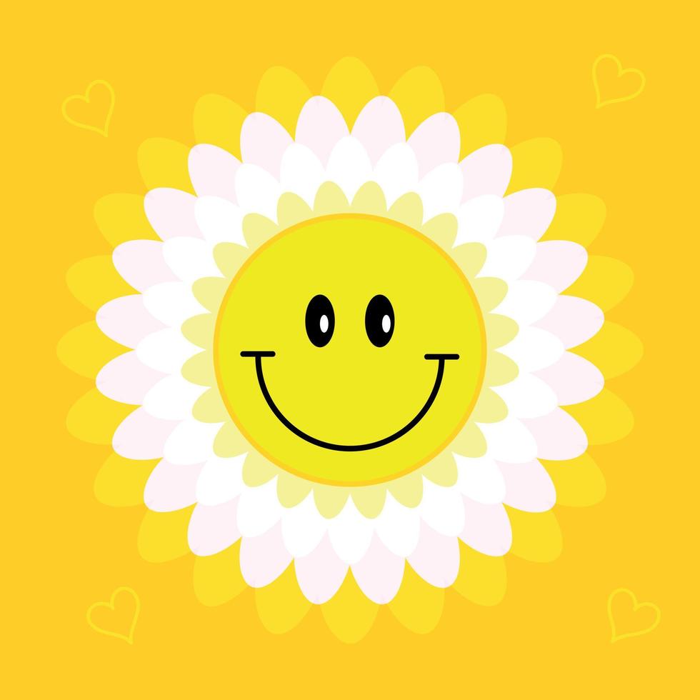 Daisy flower Smile face. Good vibes and positive emotion. Retro style 90s. Cute smile flower sticker. Happy emoticon. Cartoon creative design icon. vector
